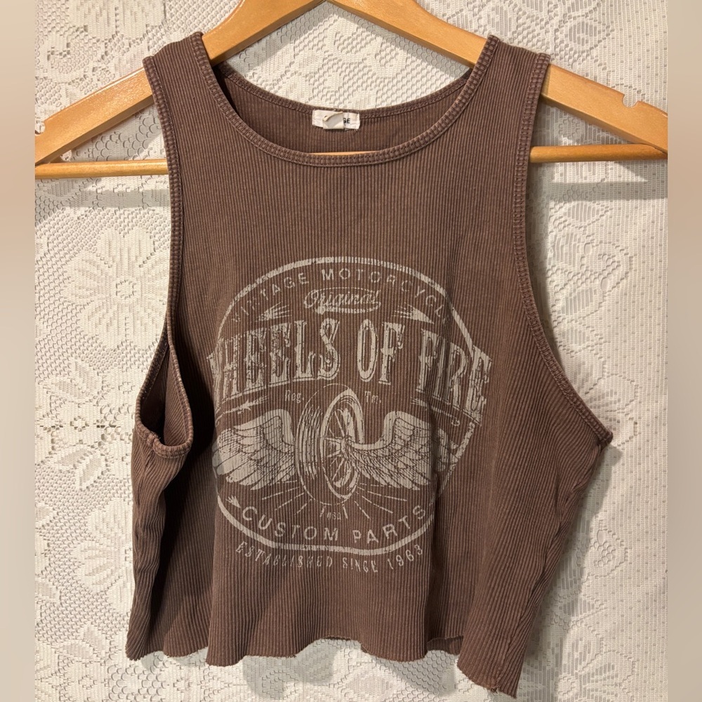 Garage Vintage Motorcycle Graphic Ribbed Cropped Tank Top Brown baby tee